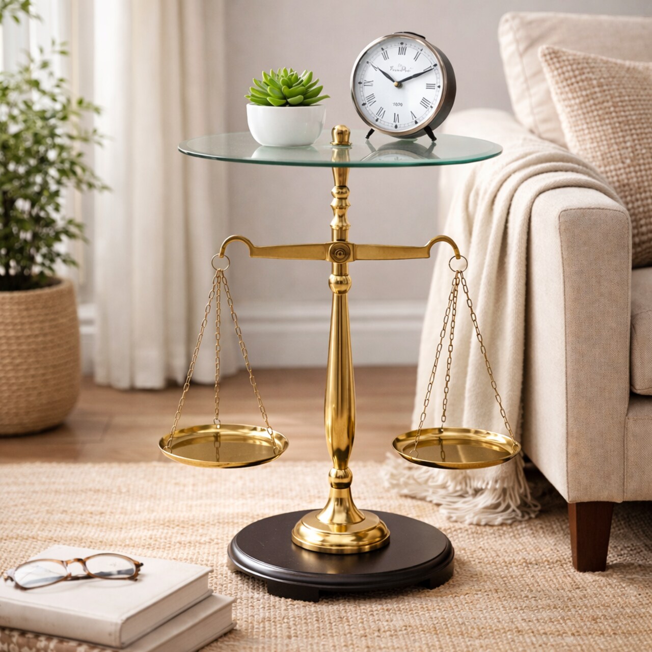 Decorative Nickel Finish Aluminum Balance Libra Accent Table with Glass Top – 16x16x24"| Unique Side Table